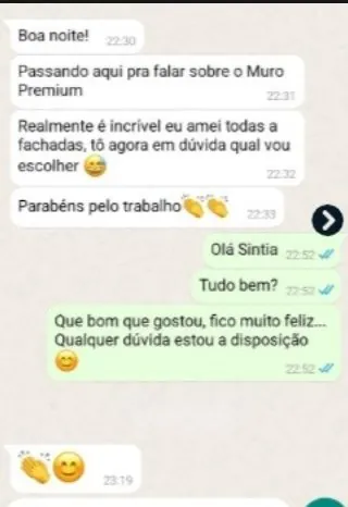 Depoimento WhatsApp - cliente elogiando o Muro Premium