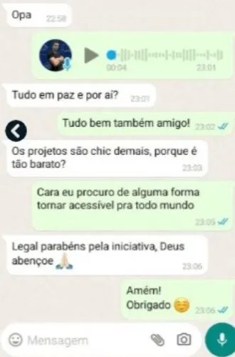 Depoimento WhatsApp - cliente recebendo os projetos e elogiando o muro de 10m